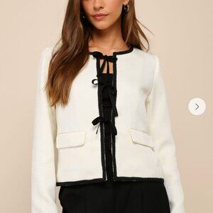 NWT - Lulus - Coquette Chic Ivory and Black Tweed Tie-Front Blazer